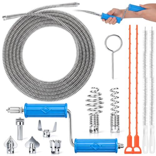 ACOCO 16.4FT Drain Snake, Drain Auger with Drill Attachment, 6 Cutter Heads