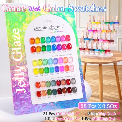 Double Rhythm 28Pcs 0.5Oz Gel Nail Polish Set Same Color Same Bottle Gel Polish Kit Nail Art Manicure Salon DIY at Home for Women (Neon Jelly Sheer Collection-T24-11) - color: Bright Red Green Blue