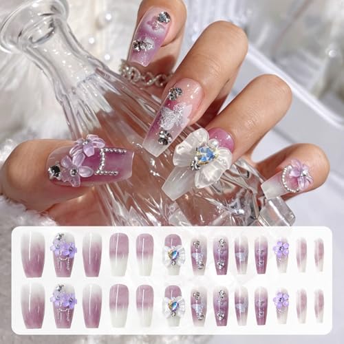 3D Purple Press on Nails Almond - Medium French Tip Fake Nails with Embossed Flower&Butterfly Bead Designs, Glossy Finish Reusable False Nails for Women Manicure(3D Embossed design 24） - color: 3D Embossed design 24