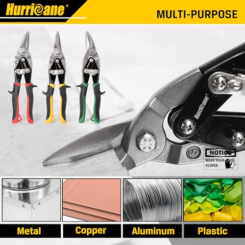 HURRICANE 3 pc Aviation Tin Snips Set, 10 Inch Metal Shears for Straight, Left & Right Curves, Cr-V Steel Blades, Non-Slip TyreGrip Handle, Safety Latch, for Sheet Metal, Gutter, HVAC, DIY - size: 3 Piece Regular Set: Straight, Left, Right