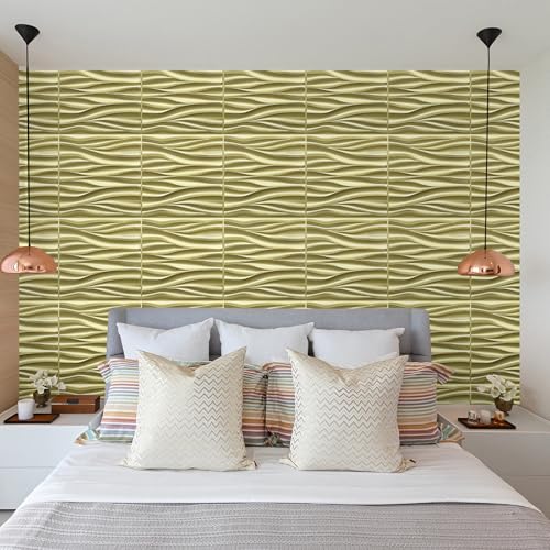 STICKGOO 3D Wall Panels, Champaign Gold Wave Design, 19.7''x19.7'' - color: Champaign Gold