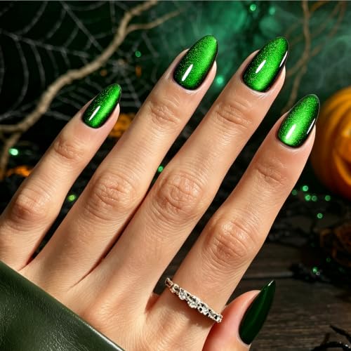 Beetles Halloween Press On Nails, Green Cat Eye Short Almond, 32 Pieces - color: 3B - Midnight Moss - S