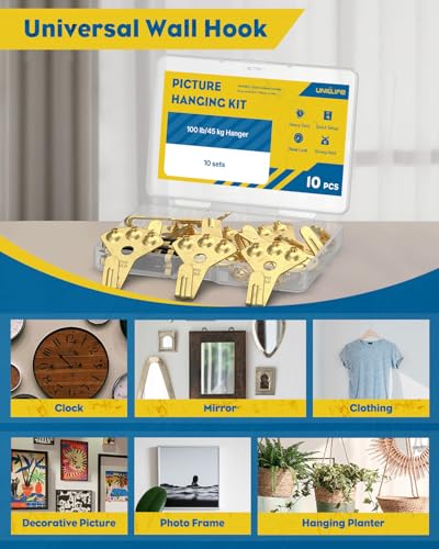 Uniclife 10 Pcs 100 lb Heavy Duty Picture Hangers for Drywall & Wood, Picture Hanging Hooks with Nails, Picture Hanging Hardware, Frame Hooks Picture Hooks for Hanging Photos Mirrors Paintings - size: 10 Pieces, style: Gold