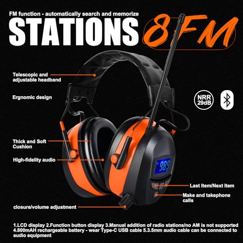 Safety Earmuffs with Bluetooth FM Radio for Mowing, NRR 29dB Industrial Ear Hearing Protection Ear Muffs, Noise Cancelling Wireless Headphone -Upgraded LCD Display, Rechargeable BL-5B Battery - color: Orange Antennas