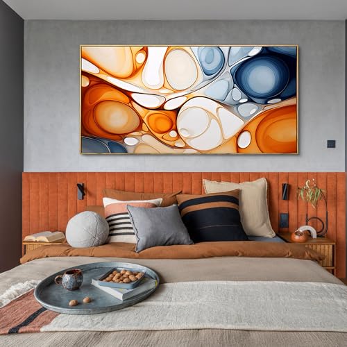 KLAKLA Orange and Blue Abstract Wall Art - Modern Picture Artwork for Wall Decor - Frame Wall Art for Living Room Office Bedroom - color: Colorful + Orange Frame, size: 58"L x 29"W