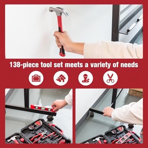 KITLUCK 138-piece Home Tool Kit, Household Hand Repair Tool Set for men, Portable Basic Tool box Set with Tools (Screwdriver, Plier, Wrench, Socket, Harmer, Rule, etc.) for Home and Car - size: 138Pcs