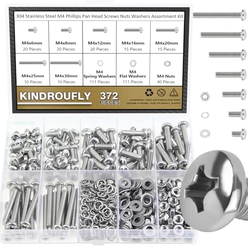 372 Pieces M4 x 6/8 /12/16 /20/25 /30mm Phillips Pan Head Machine Screws Nuts Washers Assortment Kit, 304 Stainless Steel, Fully Machine Thread - size: M4, style: Phillips Pan Head