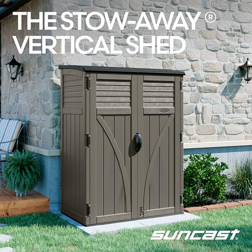 Suncast 54 Cu Ft Medium Vertical Storage Shed, Stoney, Made in USA - color: Stoney