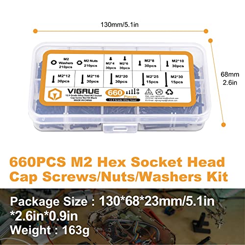 660Pcs M2 Screws Set Black, M2 x 4/6/8/10/12/16/20/25/30mm Hex Socket Head Cap Screws Nuts Washers Assortment Kit, 12.9 Grade Alloy Steel Assorted Screws, Fully Machine Threaded, Allen Socket Drive - size: M2 Socket black
