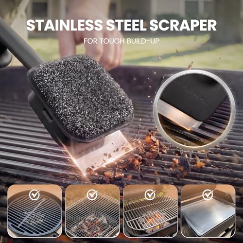 ThermoMaven Bristle-Free BBQ Grill Brush - No Wire Risk Steam Cleaner Removes Burnt Grease Fast - 17" Cool-Touch Handle, Scraper & 3 Replaceable Heads for Gas, Charcoal & Cast Iron - size: Black 3pcs-Small