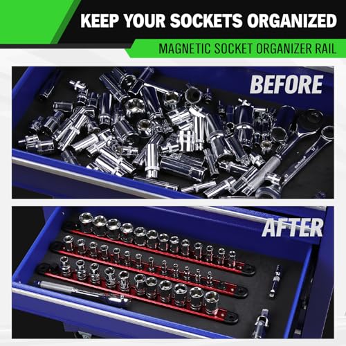 3/8-Inch Magnetic Socket Organizer Rail, Aluminum Alloy Socket Rail, Heavy Duty Sockets Holder with 14 Clips, 360° Swivel Clip Tool Tray, Sockets Organizer for Tool Box Drawer (Red) - style: Red 3/8-inch
