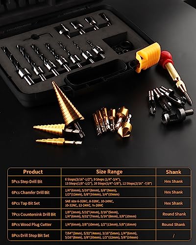 34Pcs Woodworking Drill Bit Set, Countersink Bits, Plug Cutters, Drill Stop