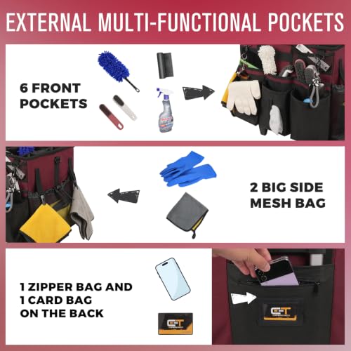 SCAVATA Rolling Cleaning Caddy Bag with Detachable Trolley, Large Cleaning Supplies Organizer with Wheels, Multi-Pocket Cleaning Cart with Adjustable Shoulder Strap for Housekeepers (Magenta) - color: Magenta