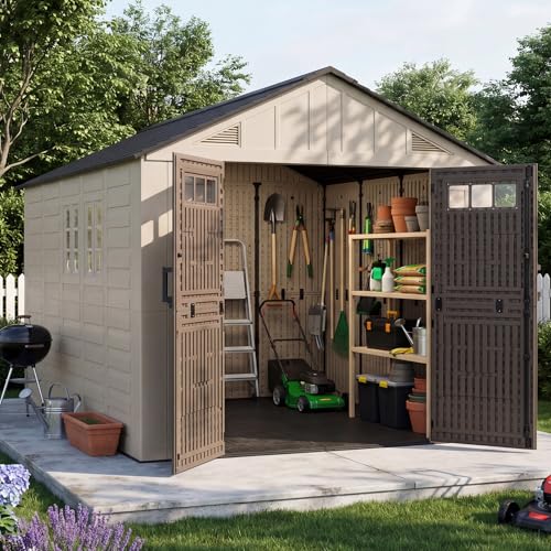 Aoxun 8x12 Ft Outdoor Storage Shed with Floor, Large Resin Outdoor Shed with Lockable Door & Windows, Garden HDPE Sheds for Lawn Tools, Pool Supplies & Bikes - size: 8x12