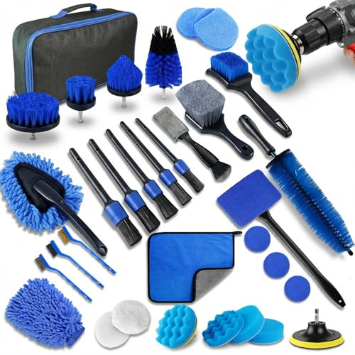 32-Piece Car Detailing Kit with Drill Brush Attachments & Polishing Pads – Professional Auto Detailing Brushes, Wheel & Tire Cleaning Tools with Storage Bag (Blue)