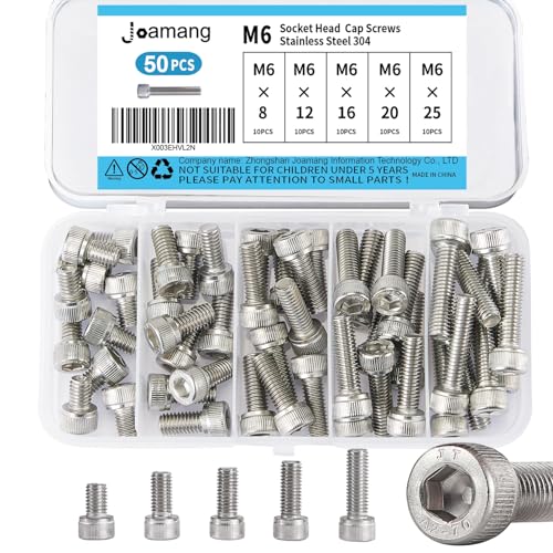M6 x 8mm 12mm 16mm 20mm 25mm Socket Head Cap Screws Bolts, Stainless Steel 304, Metric Allen Hex Drive, Bright Finish, Fully Threaded, Assortment Kit 50PCS - size: Socket M6x8-25 mm