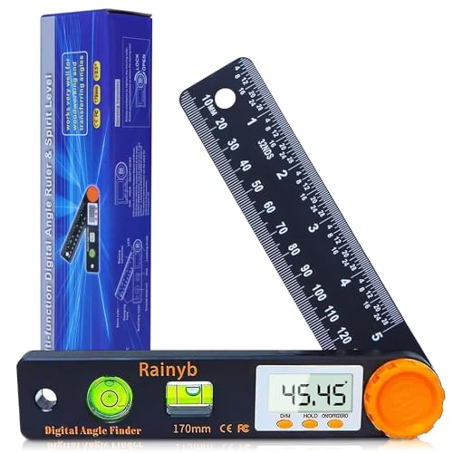 Rainyb Digital Angle Finder Tool, 5 inch Pocket Protractor, 0-360 Degree, LED Display with Horizontal Bubble Levels and Ruler Meter Accurate Tool for Woodworkers, Carpenters, Fabricators