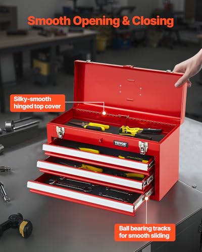 VEVOR Metal Tool Box, 20.5-inch, Portable Metal Tool Box with 3 Drawers, Small Tool Chest with EVA Liners, Ball Bearing Slide Drawers Locking & Powder Coated Finish, Multi-Function Tool Organizer, Red - size: 3 Drawers-Red