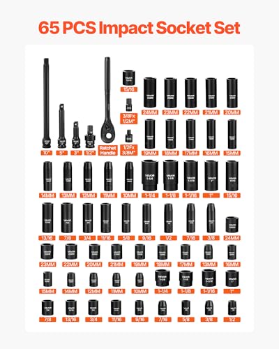 VEVOR 65-Piece 1/2" Drive Impact Socket Set, SAE (3/8" to 1-1/4") & Metric (10 to 24 mm), CR-V, Deep & Shallow, 6 Point, Ratchet Handle, Universal Joint, Adapters, Extension Bars (3, 5, 10 in) - size: 1/2" 65PCS