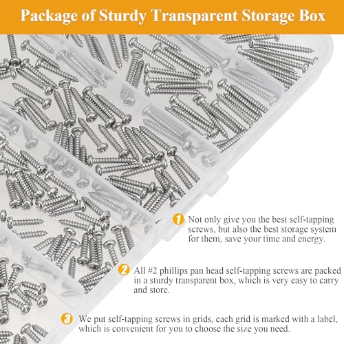 255 Pieces #2 x 1/4" 3/8" 1/2" 5/8" 3/4" Wood Screws Set, Phillips Pan Head #2 Self-Tapping Screws Assortment Kit, 304 Stainless Steel - size: #2, style: Phillips Pan Head