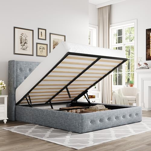 Allewie Full Size Lift Up Storage Button-Tufted Bed Frame Blue Grey - color: Blue Grey, size: Full, style: Traditional