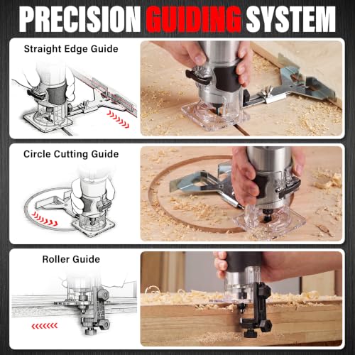 TEENO Wood Router Tool, 6.5 Amp 1.25 HP Wood Routers for Woodworking, 6 Variable Speeds, Aluminum 1/4" Compact Router With 15-Pc Tungsten Carbide Router Bits, Edge & Roller Guides, Carrying Case - color: Silver Red