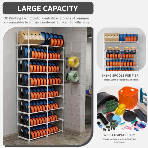 8-Tier 2-Column Modular 3D Printer Filament Storage Rack, Metal Filament Spool Holder & Organizer, Holds 96 Spools(1kg), Filament Storage Shelf for Home Office Workshop, Tool-Free Assembly(White)