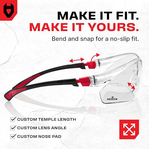 NoCry Clear Safety Glasses for Men and Women with Anti-Fog and Scratch Resistant Wrap Around Lenses, Adjustable Temples and Nose Pads — ANSI Z87 Certified Protective Eyewear with 100% UV Shielding - color: Black & Red