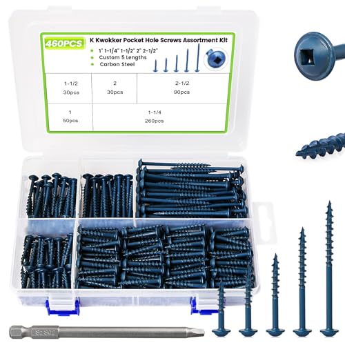 460Pcs Pocket Hole Screws, 1" 1-1/4" 1-1/2" 2" 2-1/2" Wood Screws Assortment Kit #8 Coarse Thread Blue Anti-Rust Coated Pocket Screw Jig Kit, Square Drive, Self Tapping, Indoor & Outdoor - size: D. #8