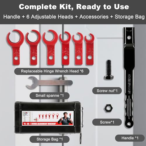 6 in 1 Door Hinge Adjustment Tool – Upgraded 0.39-0.98 inch Hinge Gap Adjusting Wrench Kit, Precision Door Hinge Repair Set for Eliminating Uneven Gaps & Noise (Red)