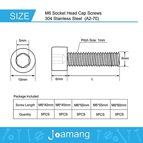 M6 x 40mm 45mm 50mm 55mm 60mm Socket Head Cap Screws Bolts, Stainless Steel 304, Metric Allen Hex Drive, Bright Finish, Fully Threaded, Assortment Kit 25PCS - size: Socket M6x40-60 mm