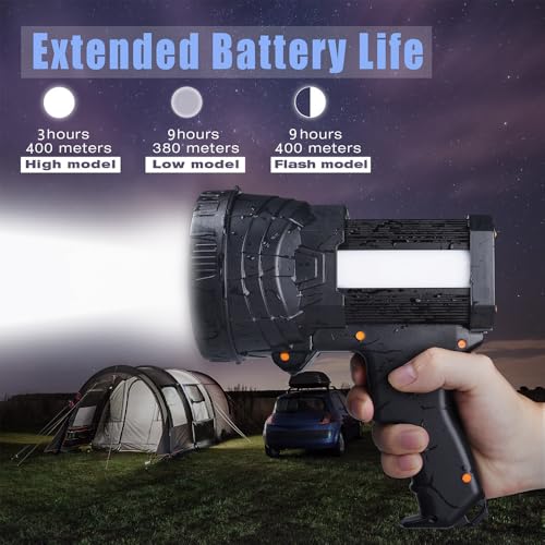 YIERBLUE Rechargeable Spotlight, Super Bright 2000,000 High Lumen LED Handheld Spotlight Long Lasting Large Flashlight Searchlight and Flood Camping Flashlight with Foldable Tripod Black - color: Black