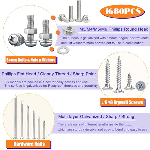 Dianrui 1680 PCS Nails and Screws Assortment Kit & Screw Bolts and Nuts, M3/M4/M5/M6 Machine Screws, Small Nails for Picture Hanging, #6#8 Drywall Screw Set for DIY Repair Project Length 1/2" to 2" - color: Silver, size: 1680PCS