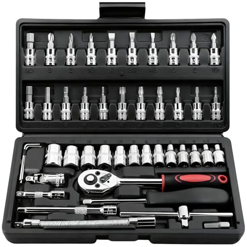Egofine 46 Pieces 1/4 inch Drive Socket Ratchet Wrench Set, with Bit Socket Set Metric and Extension Bar for Auto Repairing and Household, with Black Storage Case - style: 1/4" 46 PCS-Black