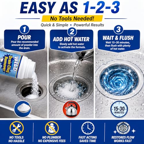Drain Clog Remover Powder 4 Pack, Sink & Drain Cleaner Fast-Acting Foaming for Hair, Grease, Kitchen Sink & Toilet Clogs, Powerful Pipe Cleaning Solution for Showers & Drains, 480g