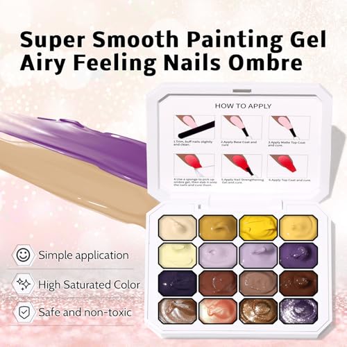 Ombre Gel Polish Palette,16Colors Pat Gel Paint Nail Art Kit Sponge Patting - color: 16 Colors D