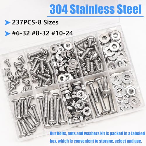 Nuts and Bolts Assortment Kit, 304 Stainless Steel Bolts 8 Sizes #6-32#8-32#10-24 Phillips Pan Head Machine Screws, Assorted Bolts, Nuts and Washers Kit (237PCS) - size: 236PCS
