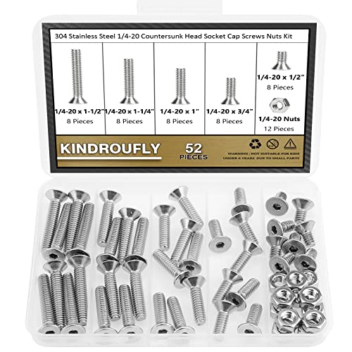 52 Pieces 1/4-20 x 1/2", 3/4", 1", 1-1/4", 1-1/2", Countersunk Head Socket Cap Screws Nuts Assortment Kit, 304 Stainless Steel, Fully Machine Thread - size: 1/4"-20, style: Countersunk Head