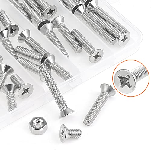 HELIFOUNER 50 Pieces 1/4-20 x 1/2" 3/4" 1" 1-1/4" 1-1/2" Phillips Countersunk Head Screws Nuts Washers Assortment Kit, Coarse Thread, Fully Machine Threaded, 304 Stainless Steel - size: 1/4-20