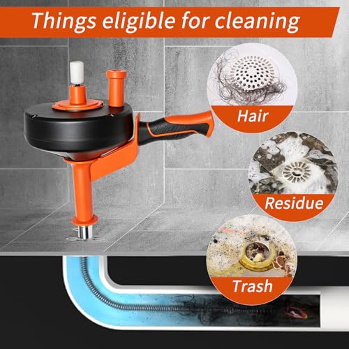 Drain Auger 33FT, Drain Snake with Drill Attachment, Flexible Plumbing Snake Clog Remover, Heavy Duty Manual Drain Cleaner Tool for Kitchen Bathroom Shower Sink, Includes Gloves & Cleaning Brush