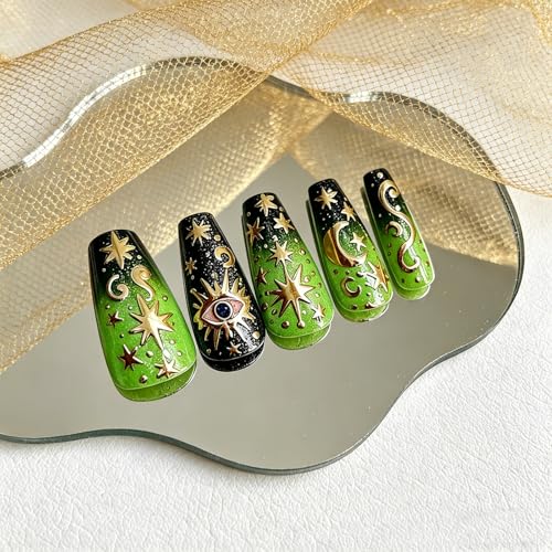 3D Green Press on Nails Almond - Medium French Tip Fake Nails with Embossed Stars&Moon Designs, Glossy Finish Reusable False Nails for Women Manicure(3D Embossed design 20） - color: 3D Embossed design 20