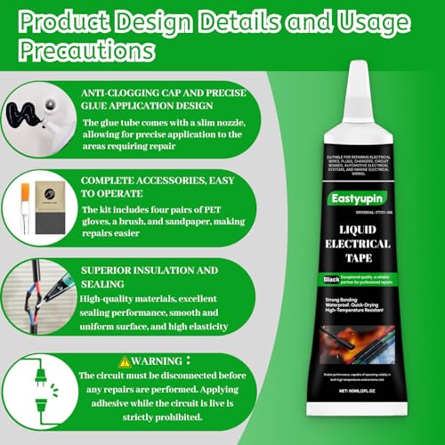 Liquid Electrical Tape Waterproof,4fl.Oz/120ml Liquid Tape Fast Dry, Set Includes 4petgloves,1brushes, 2sandpaper, Suitable Chargers, Plugs,Automotive Marine Electronic Circuits
