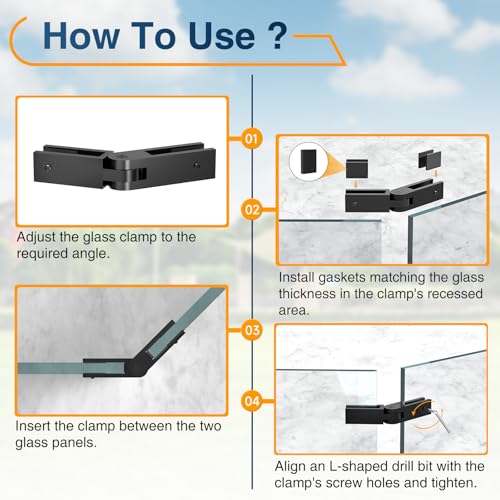 Adjustable Glass to Glass Clamp, 90-180-270 Degree Matte Black Railing Clamps, Stainless Steel T304 Railing Clips Brackets for Fence, Balustrade, Balcony Deck, Indoor & Outdoor - size: 1 Pack, style: Adjustable