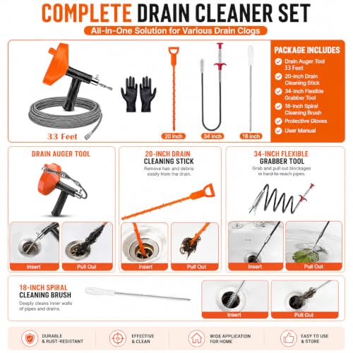 33 FT Drain Snake Auger, Plumbing Snake Drain Hair Clog Removal Tool, Sink Unclogger Drain, Heavy Duty Drum Auger, Cleaner Tool for Bathroom Kitchen Tub Shower Drain Clog Remover with Gloves
