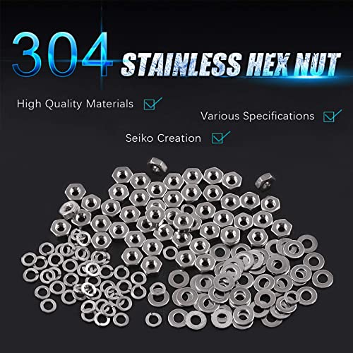 Swpeet 150Pcs Metric 304 Stainless Steel M2 Hex Nuts and M2 Flat Washers with Split Lock Washers Assortment Kit, Coarse Thread Hexagon Nut for Home Automotive Shop Use - size: M2 Hex Nuts & Washers