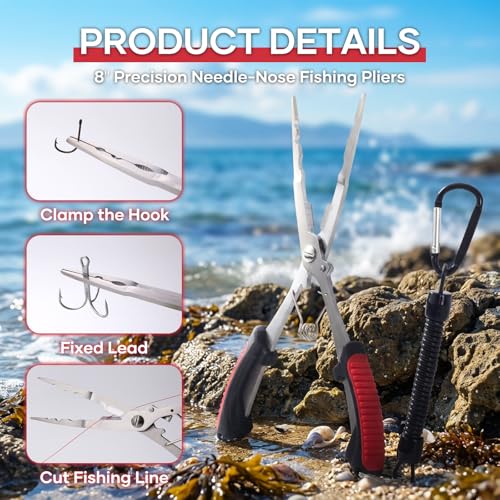 Fishing Pliers - Stainless Steel Needle Nose | Hook Remover & Line Cutter, Non-Slip Handle, For Freshwater & Saltwater
