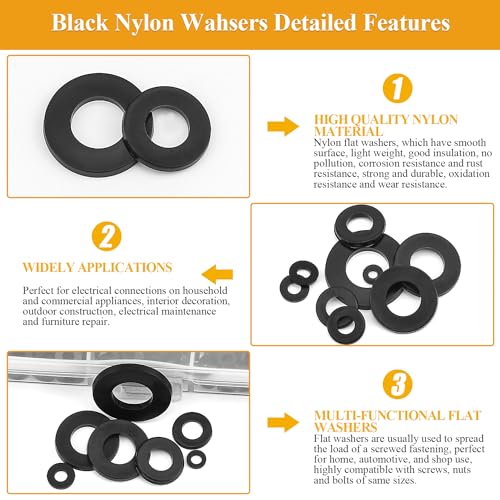 640 Pieces Black Nylon Flat Washers Assortment Kit, M2-M10, Nylon Metric & Flat Washers - color: Black Nylon
