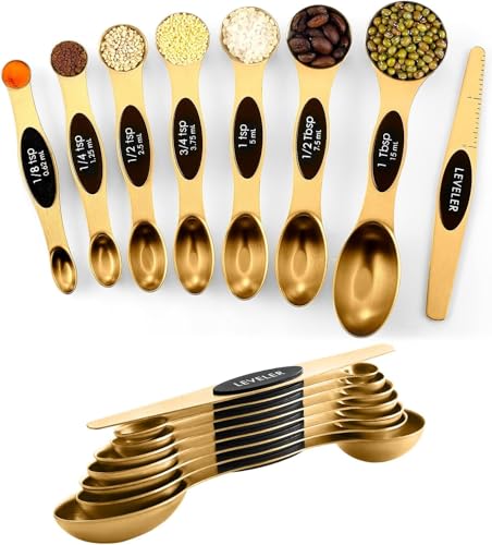 ChefAide Set of 8 Magnetic Measuring Spoons, Stainless Steel, Dual Sided - color: Gold, size: Magnetic Measuring Spoons