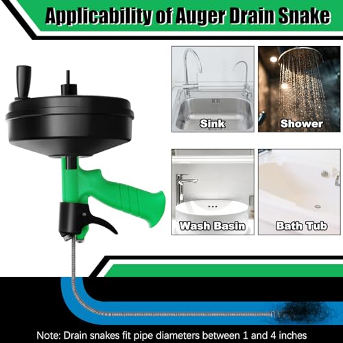 50 Ft Drain Snake, Fast Unclog Snake, 1/4 Inch, Green