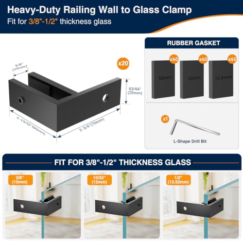 20Pack Black Railing Wall to Glass Clamp, F-Shape Glass Railing Clip - size: 20 Pack, style: F Shape